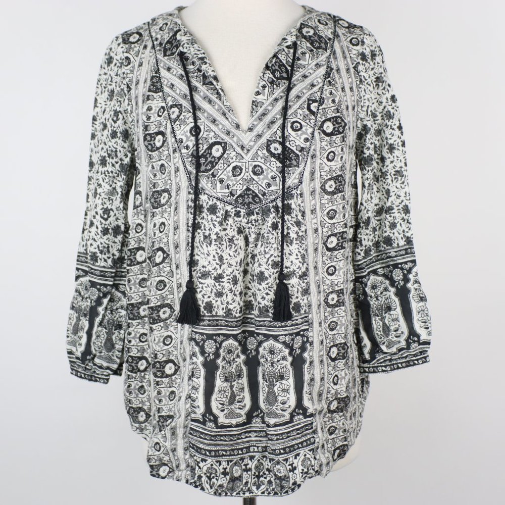 Lucky Brand Womens Small Tassel Boho Peasant Top